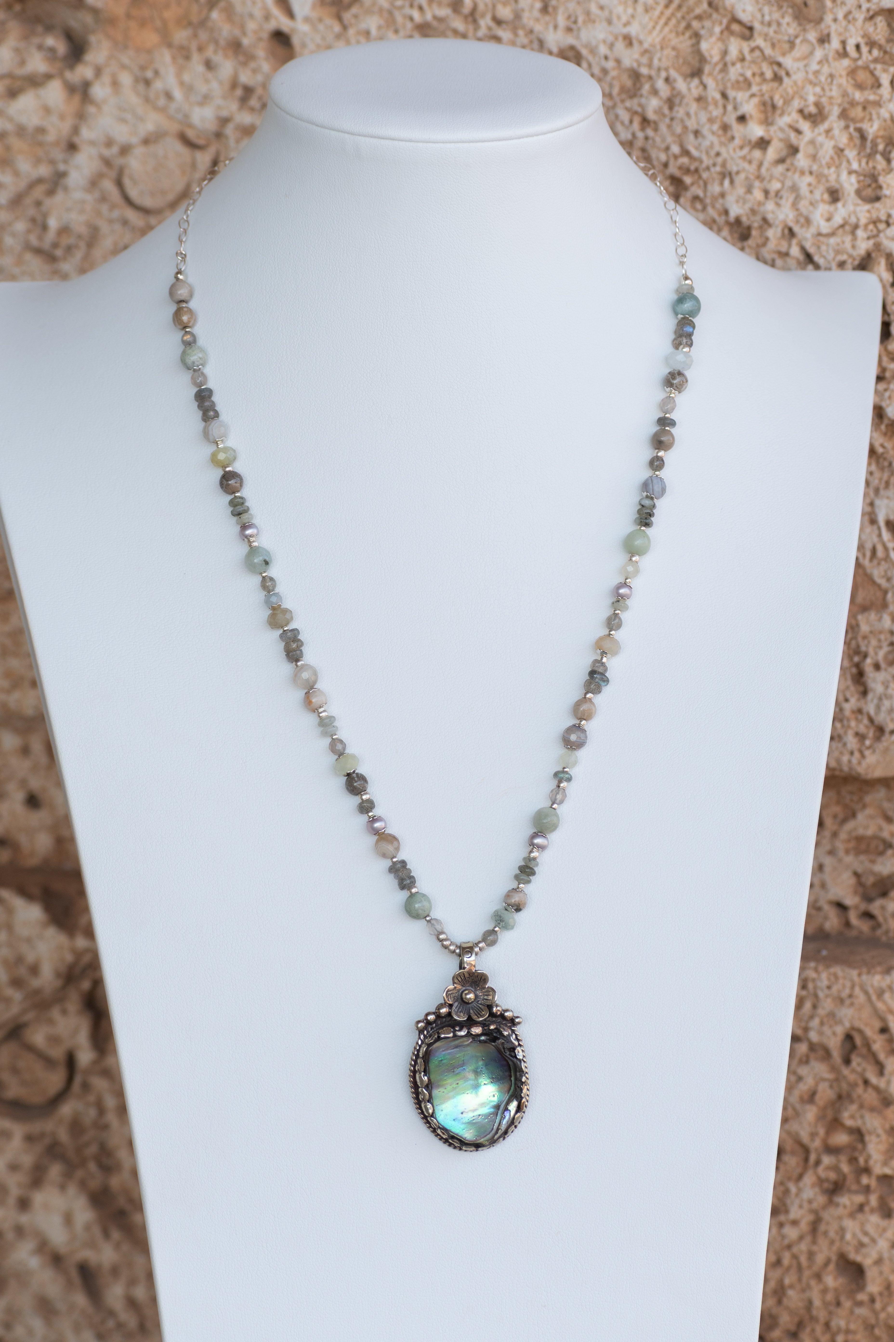 OOAK - Abalone Pendant Collage Style Statement Necklace