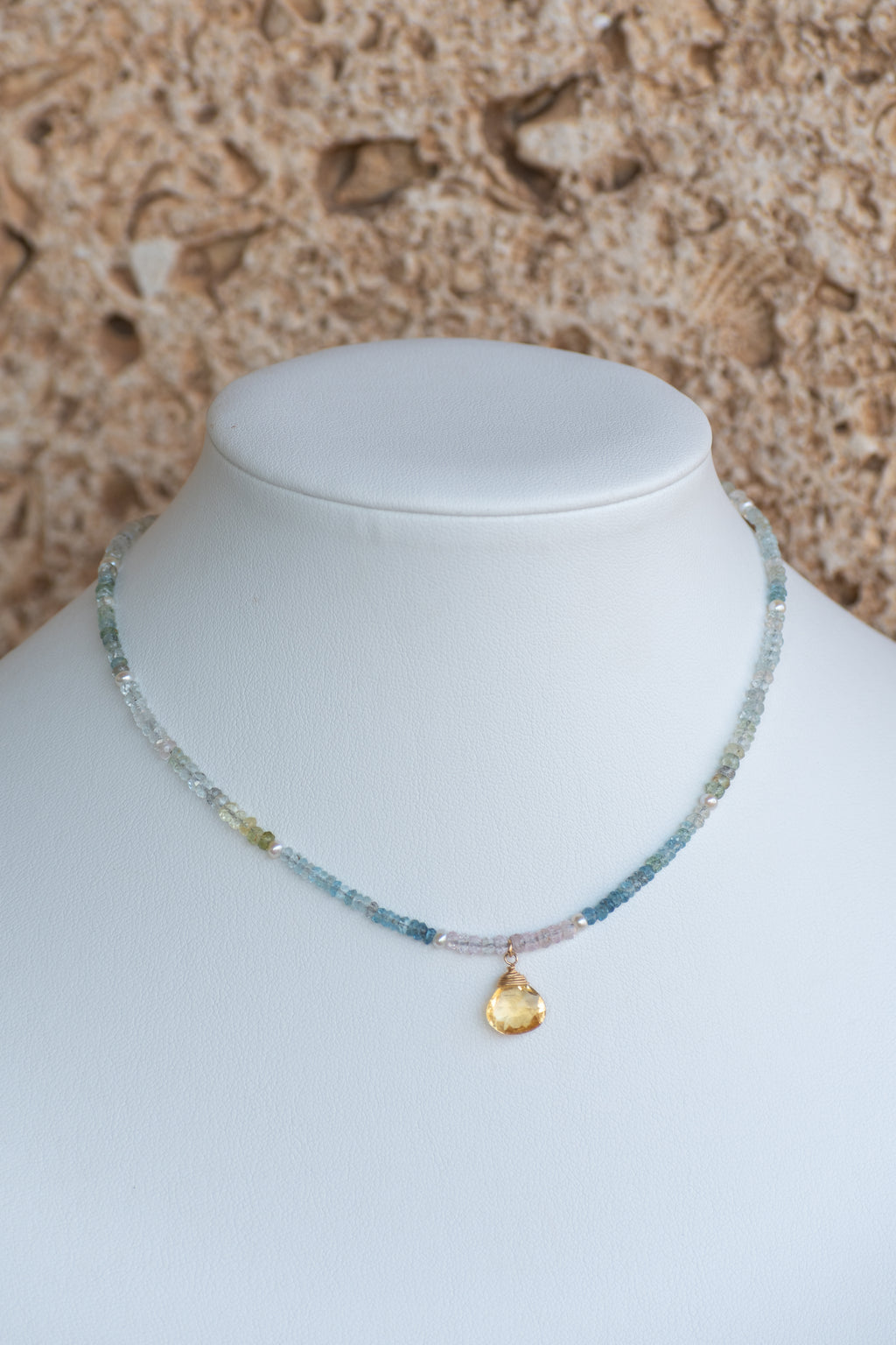 Sea of Light - Citrine Briolette, Faceted Aquamarine Strand Necklace