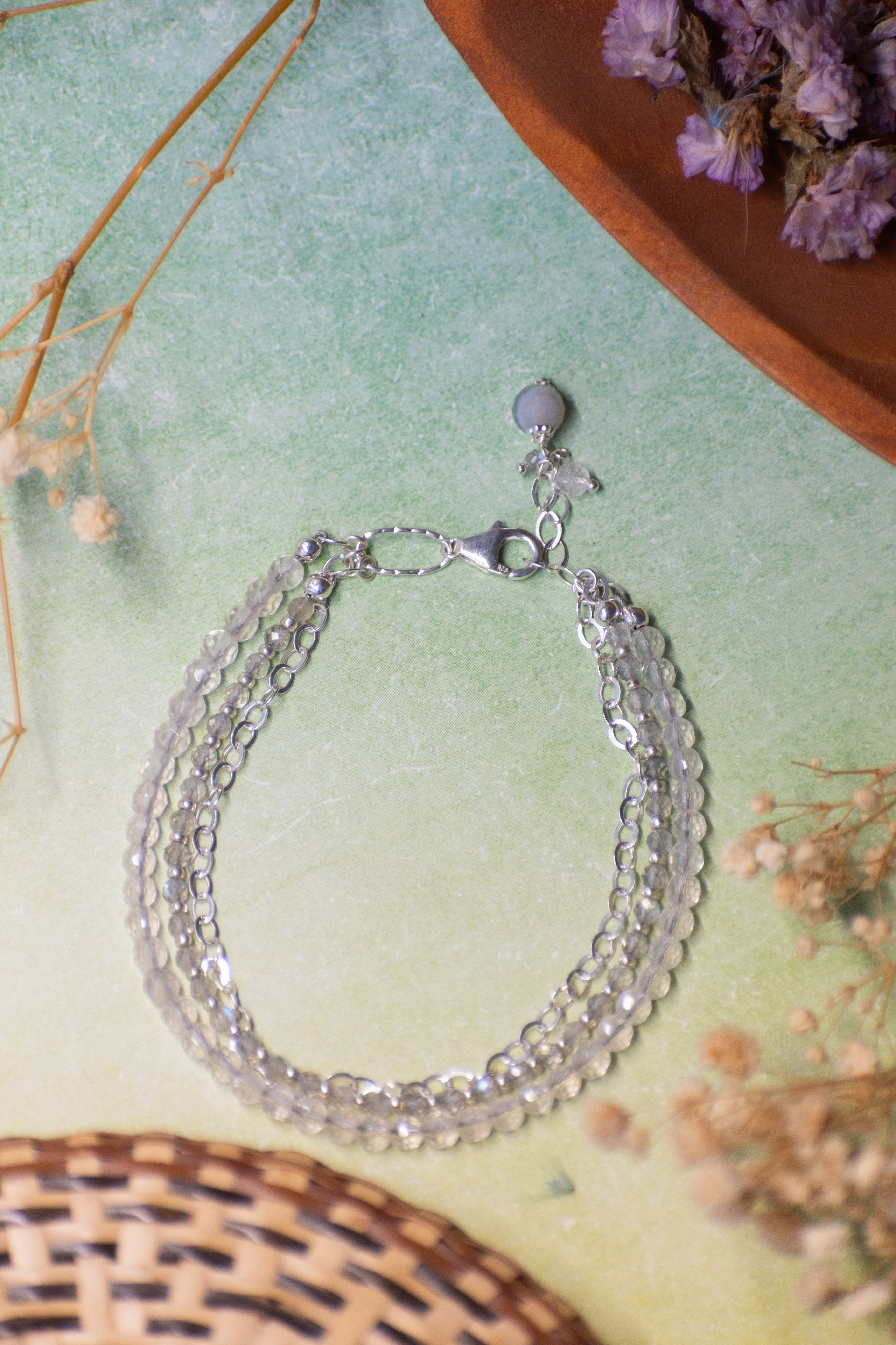 Sage & Sol - Labradorite, Rose Quartz & Chain Triple Layer Bracelet