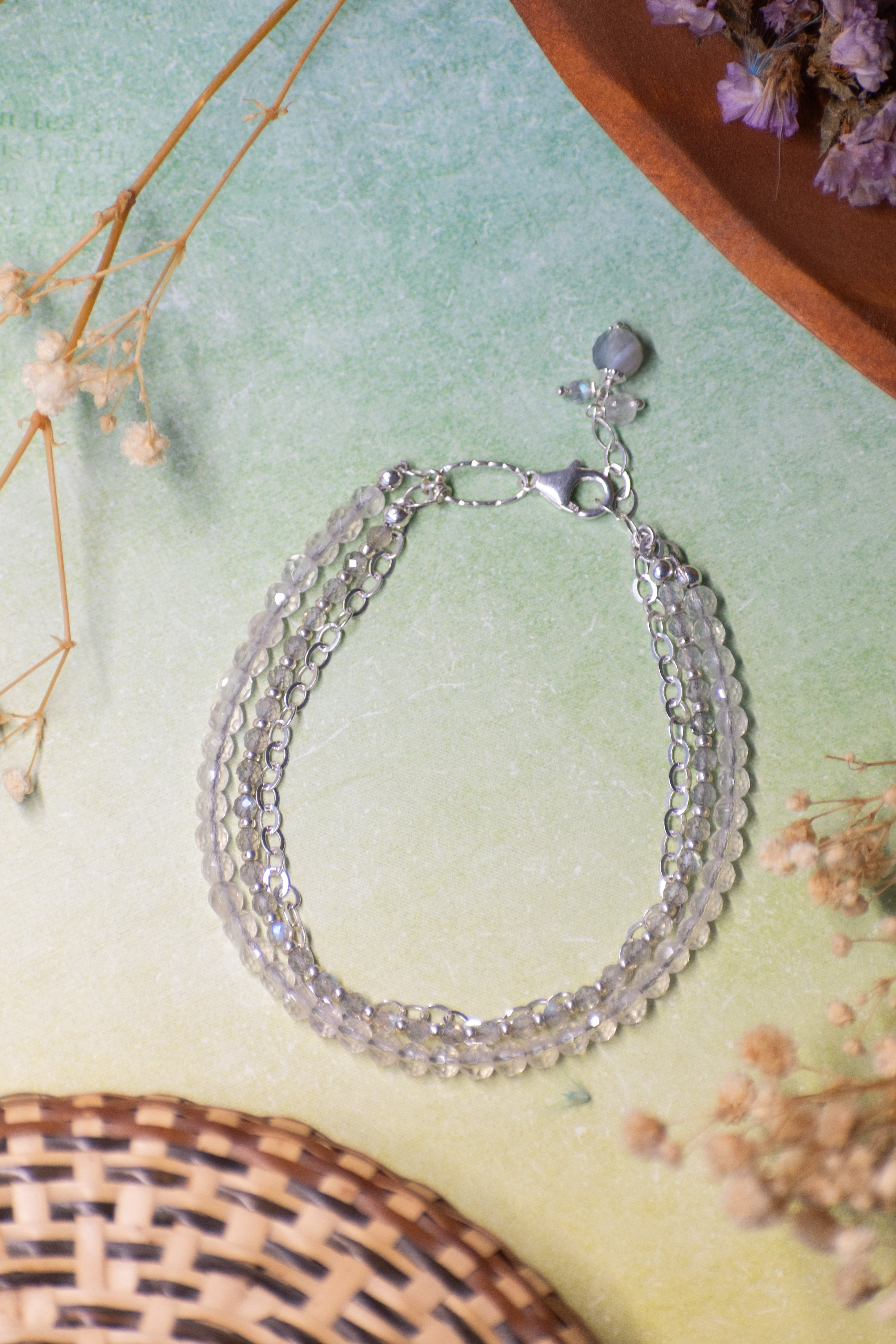 Sage & Sol - Labradorite, Rose Quartz & Chain Triple Layer Bracelet