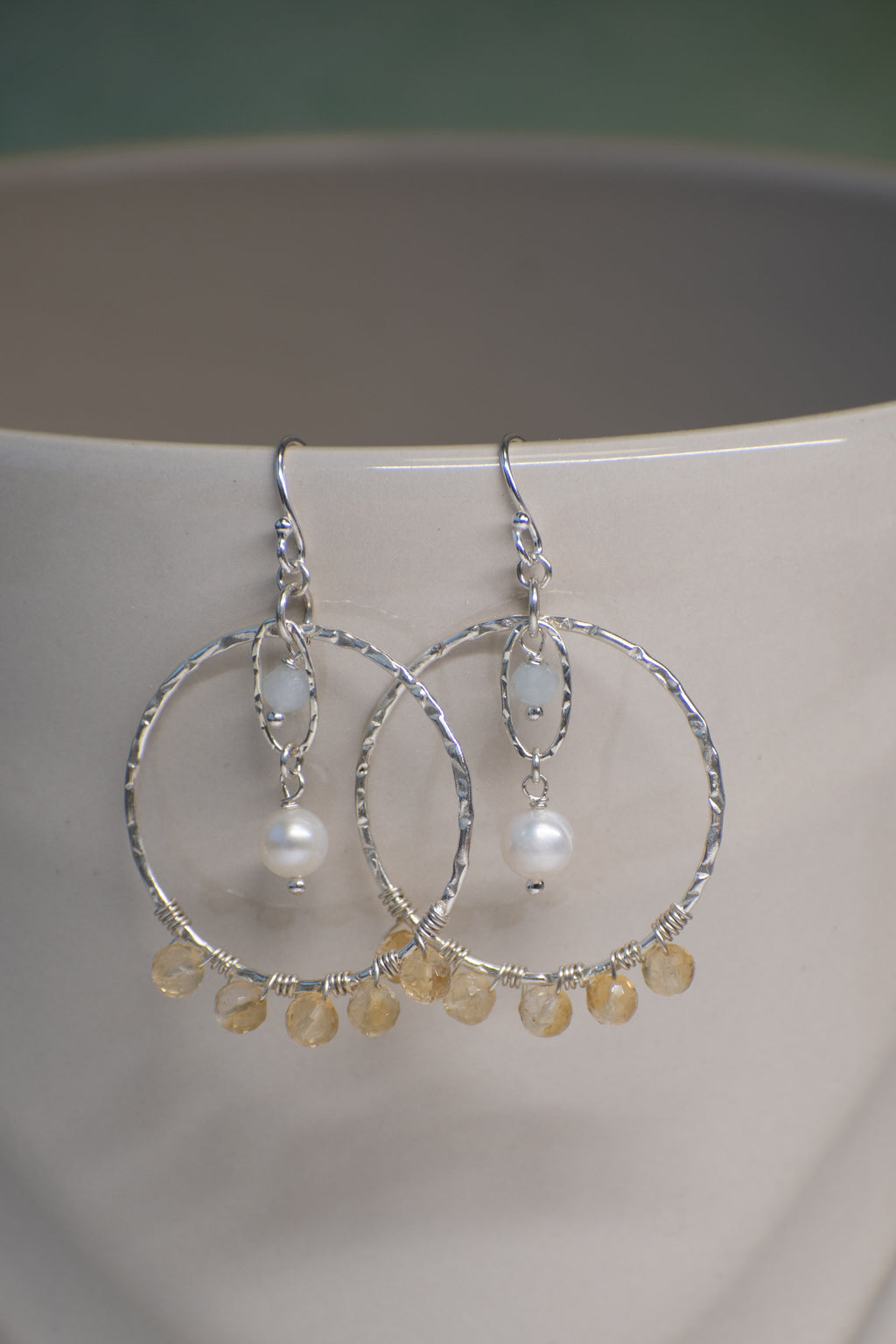 Sage & Sol - Citrine & Pearl Hammered Hoop Earrings
