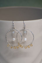 Sage & Sol - Citrine & Pearl Hammered Hoop Earrings
