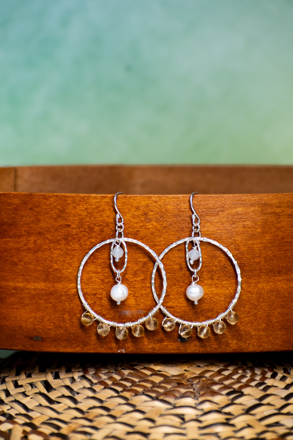 Sage & Sol - Citrine & Pearl Hammered Hoop Earrings