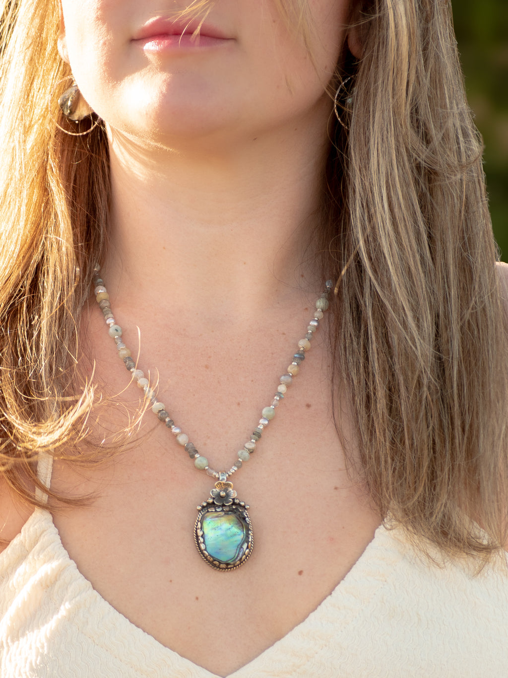 OOAK - Abalone Pendant Collage Style Statement Necklace
