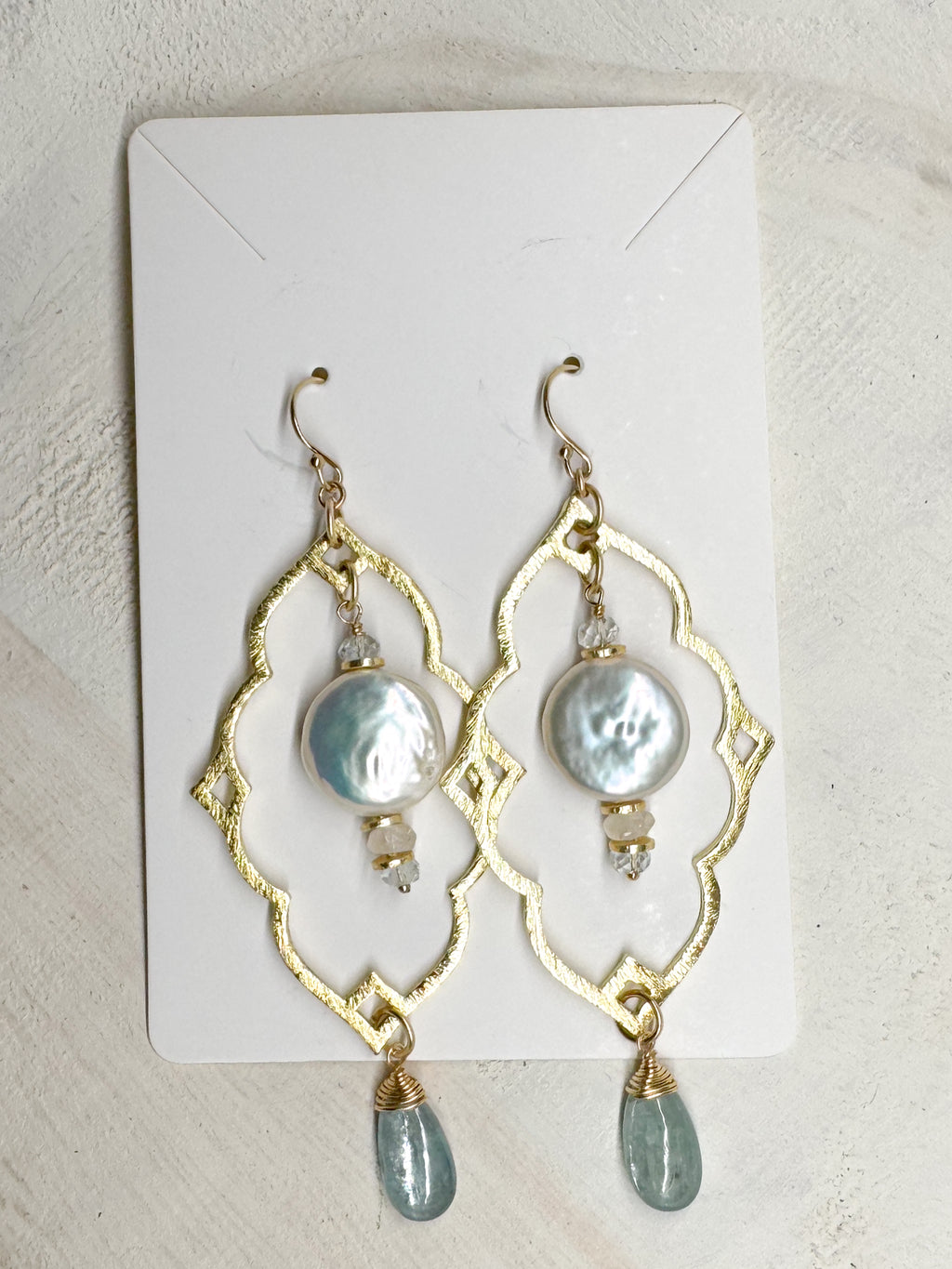Sea of Light - Bohemian Coin Pearl & Kyanite Drop Earrings